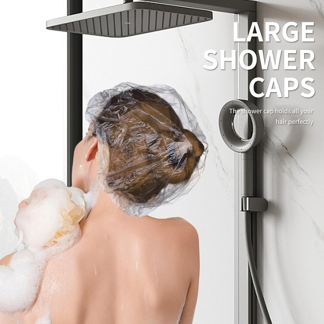 Disposable Shower Caps, Plastic Clear Hair Cap Large Thick Waterproof Bath Caps for Women, Hotel Travel Essentials Accessories Deep Conditioning Hair Care Cleaning Supplies (One Size, Count, 100)