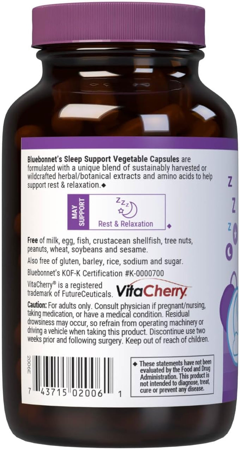 Bluebonnet Nutrition Sleep Support, Rest & Relaxation Whole Food-Based Formula*, Non-Gmo, Vegan, Gluten-Free, Kosher Certified, Soy-Free, Dairy-Free, 60 Vegetable Capsules, 60 Servings