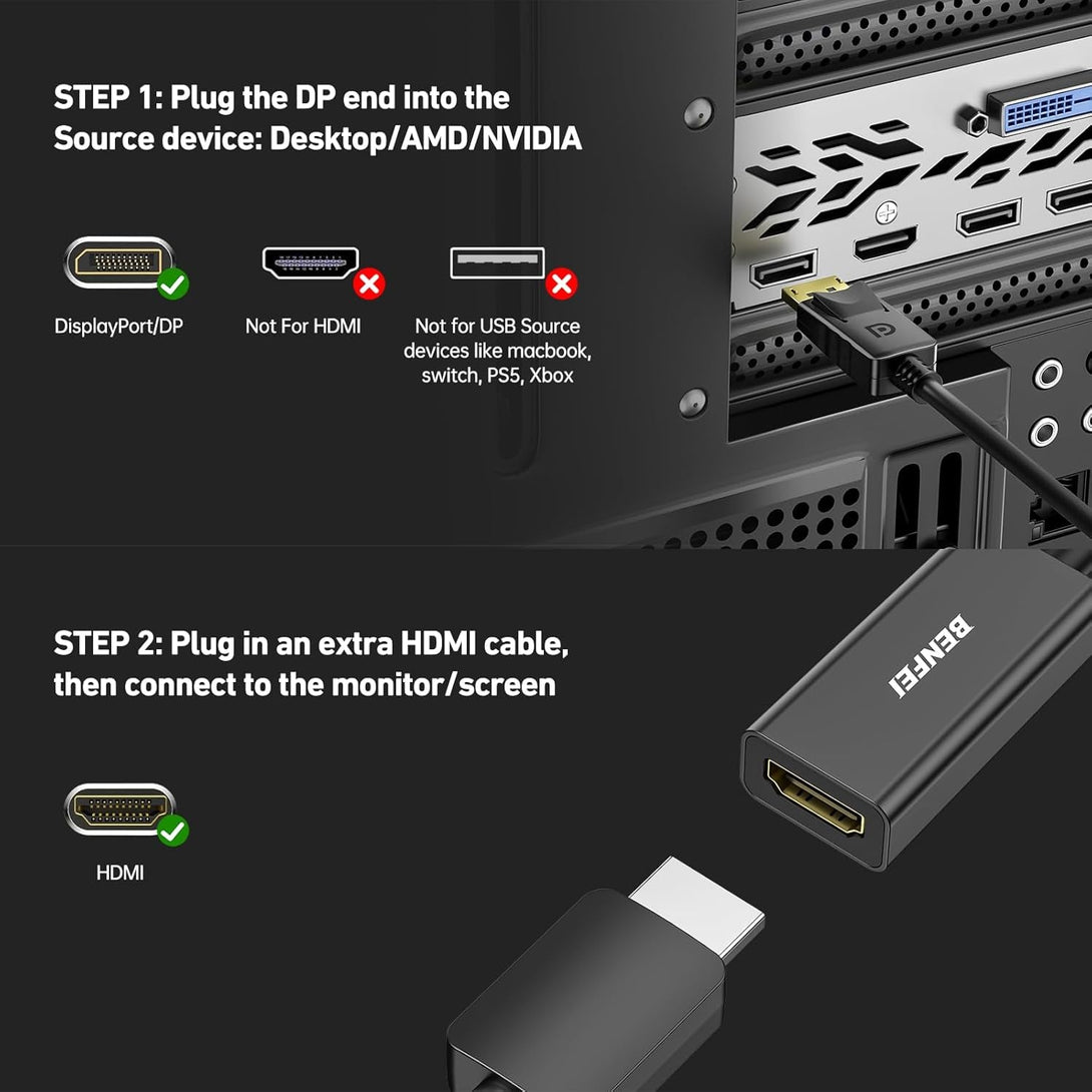 BENFEI 4K Displayport to HDMI Adapter, Uni-Directional DP 1.2 Computer to HDMI 1.4 Screen Gold-Plated DP Display Port to HDMI Adapter (Male to Female) Compatible with Lenovo Dell HP and Other Passive