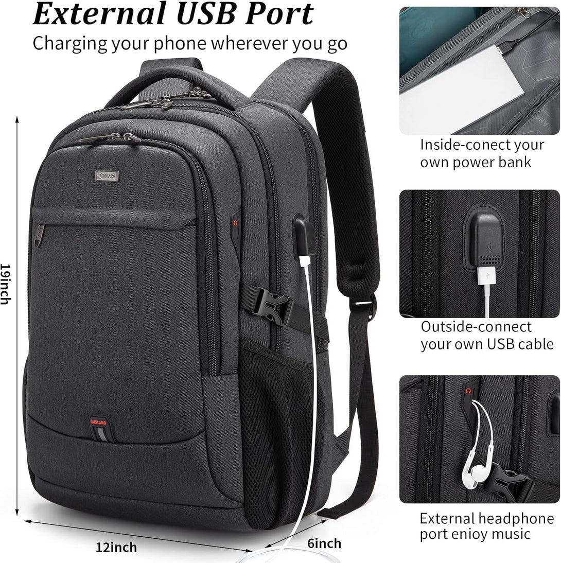 DUSLANG 17 Inch Laptop Backpack for Travel Water Resistant College Backpack for Men/Women Laptop Bag with USB Charging Port and Storage Bag Underwear Sock Storage Bag, Black