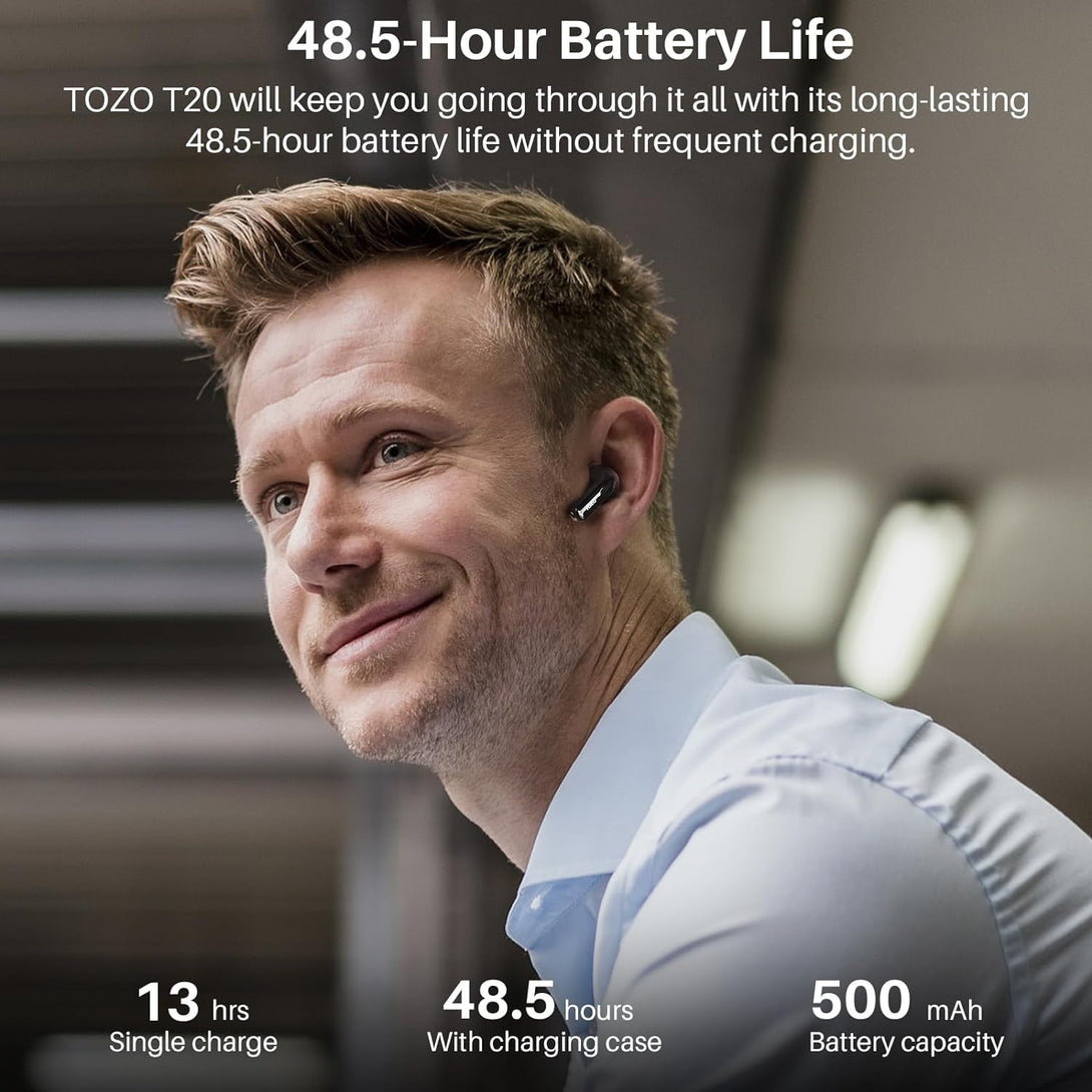 TOZO T20 Wireless Earbuds Bluetooth Headphones 48.5 Hrs Playtime with LED Digital Display, IPX8 Waterproof, Dual Mic Call Noise Cancelling 10Mm Broad Range Speakers with Wireless Charging Case