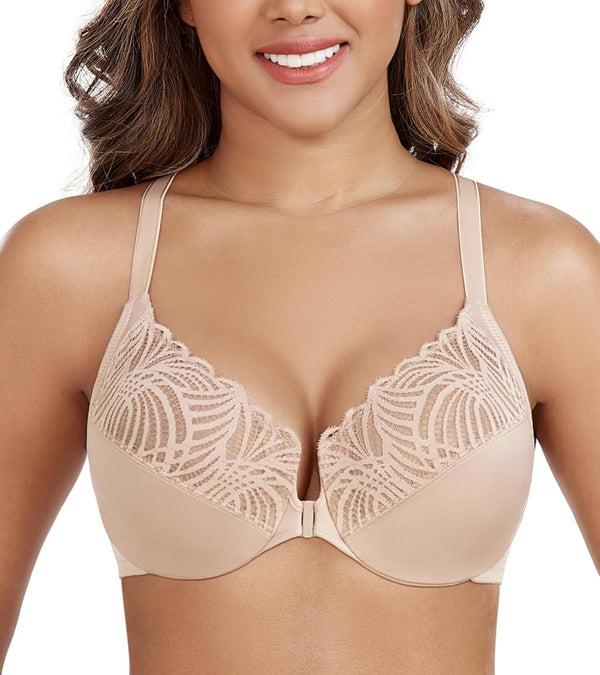 Dotvol Women'S Front Close Bra T Back Full Figure Underwire plus Size Seamless Unlined Bra for Large Bust