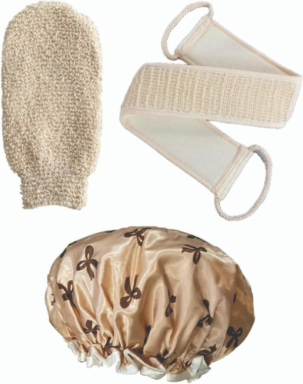 Linen Back Scrubbers+Double Thickened Waterproof Layers Bathing Hat+Linen Exfoliating Shower Bath Gloves,Bath Accessories Set，Reusable,For Body, Face, Shower, Scrub and Exfoliator