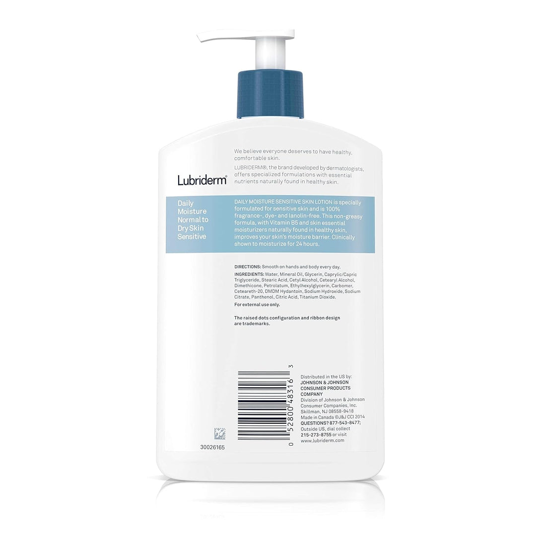 Lubriderm Daily Moisture Body Lotion for Sensitive, Dry Skin, Enriched with Vitamin B5, Dye and Lanolin Free, Unscented and Non-Greasy, 16 Fl. Oz
