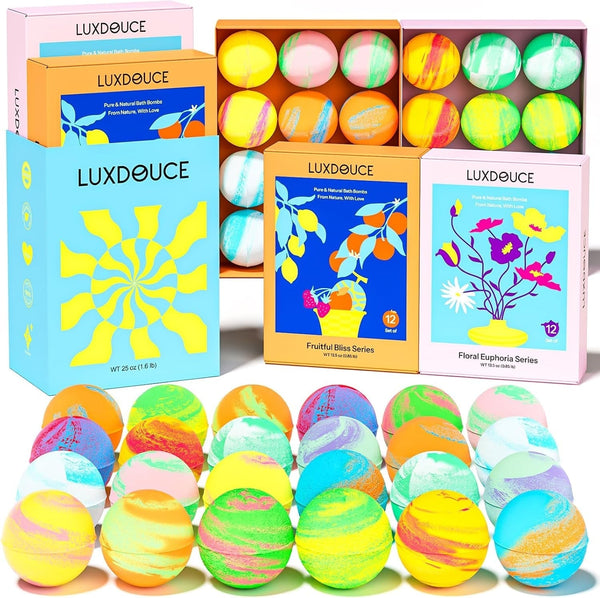Bath Bombs Gift Set â€“ 24 Pack Bubble Bombs with 12 Unique Scents, Floral Euphoria & Fruitful Bliss Collections, Skin-Soothing & Mood-Enhancing, Birthday Gift for Mom, Wife, Women, Summer Relaxation
