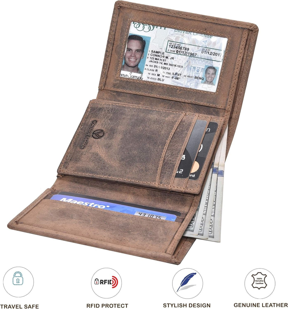 RFID Leather Trifold Wallet with 9 Card Slots,2 Note Pocket Coin Pocket & ID Window