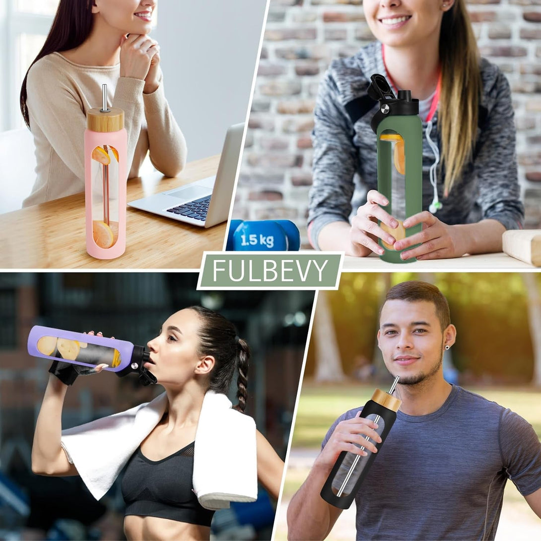 32 Oz Glass Water Bottles - 1 Liter Motivational Tumbler with Time Marker - Borosilicate Glass with Silicone Sleeve and 2 Lids, Handle Spout & Bamboo Straw Lid