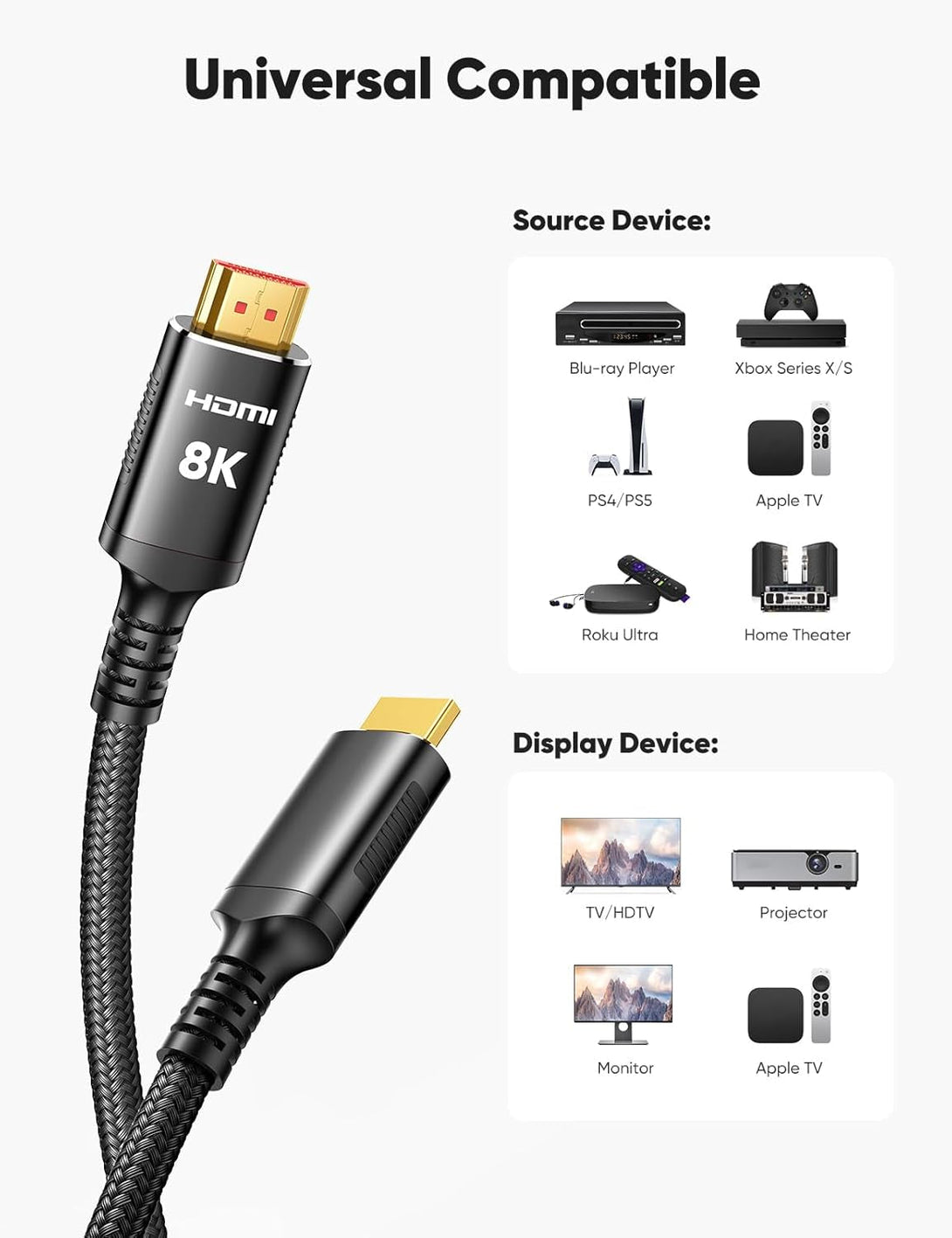 Snowkids 8K Certified HDMI 2.1 Cable 10 Ft, 48Gbps Ultra High-Speed HDMI Cables Cord, 10K 8K@60Hz, 4K@120Hz Compatible for Tv/Laptop/Monitor/Ps-5/X-Box/Projector/Entertainment/Sound System & More