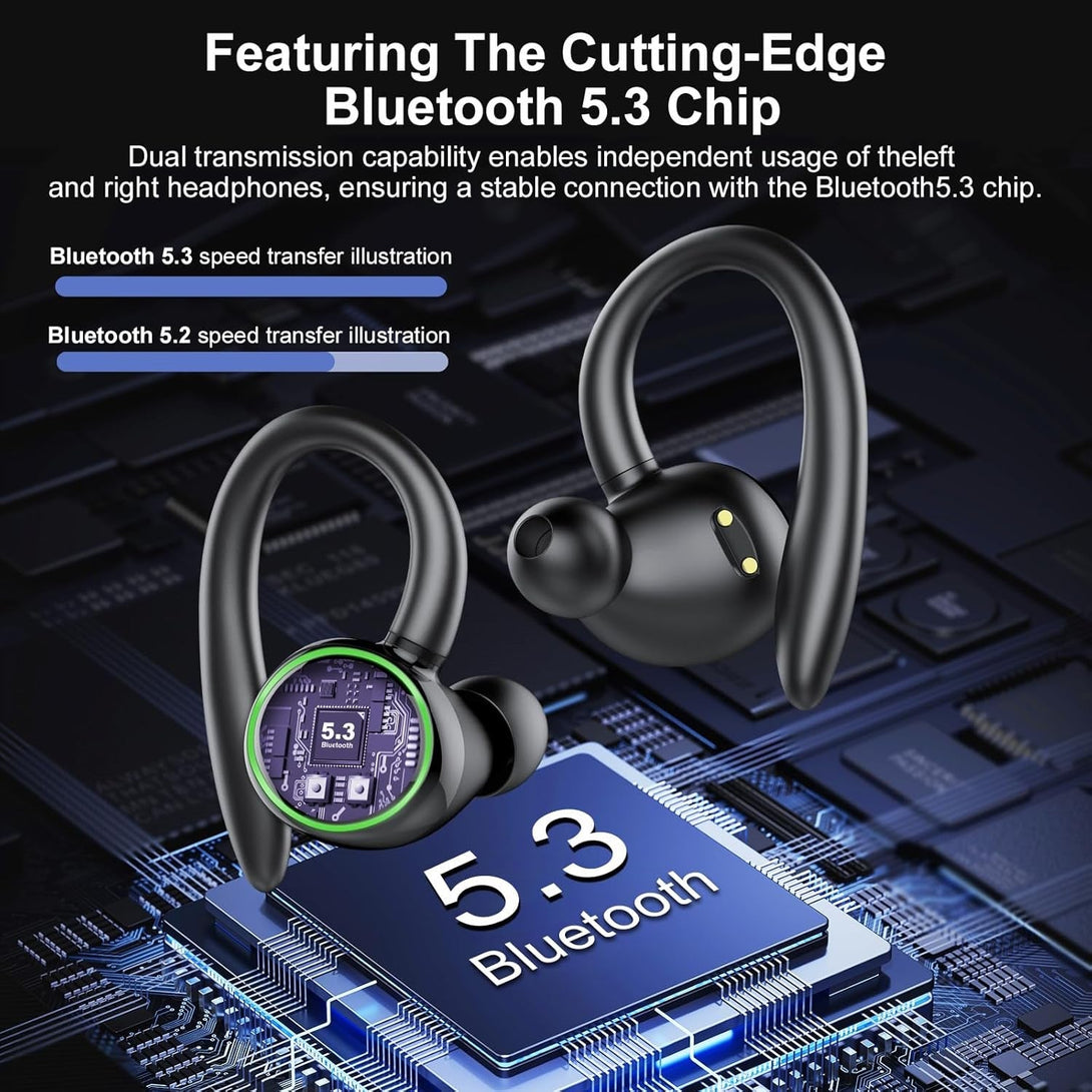 Wireless Earbuds, Bluetooth 5.3 Headphones Sport, over Ear Buds with ENC Noise Cancelling Mic, 48H, Wireless Earphone with Earhooks, Stereo Deep Bass, IP7 Waterproof Headset for Workout Running, Black