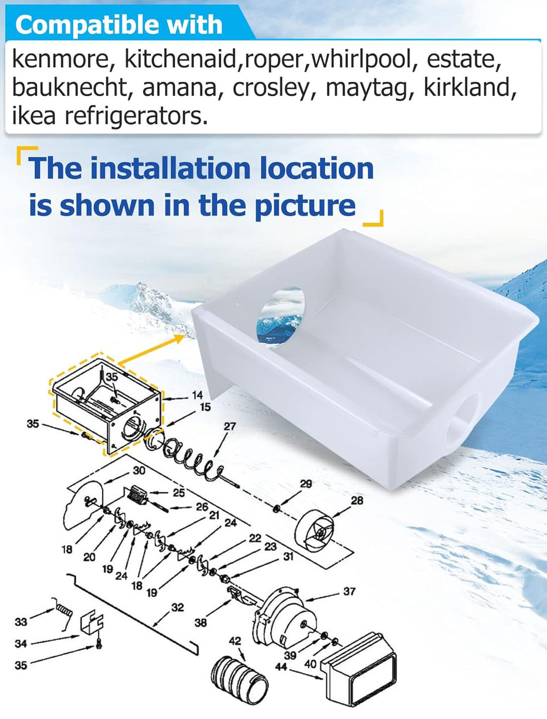 W10670845, WPW10670845 Refrigerator Ice Bucket Compatible with Whirlpool, Kenmore, Kitchenaid, Amana Refrigerators, Etc. Part Number: 2196091, 1115342, 1115372, 2152701, 2152702, Etc.