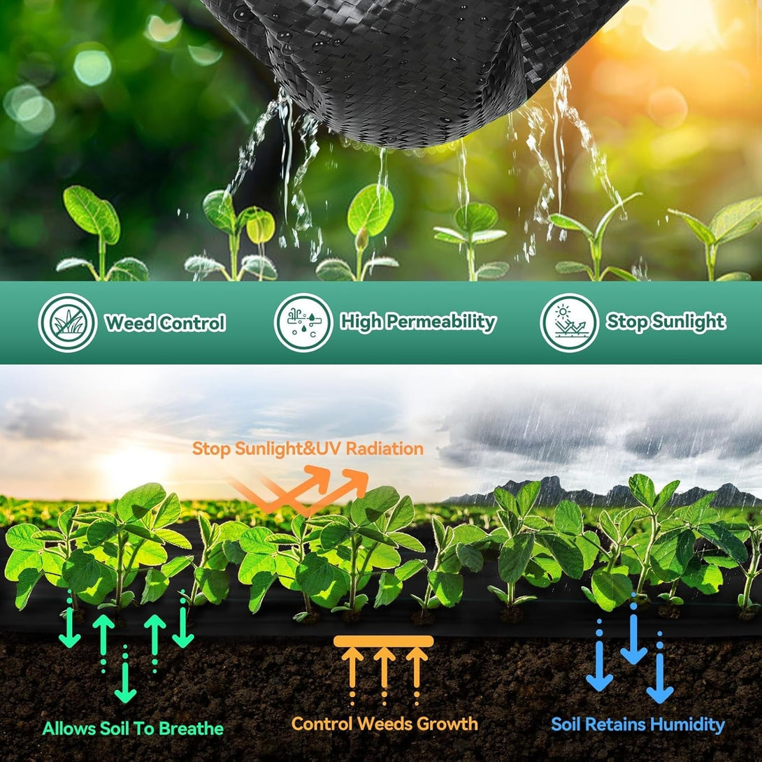 3Ftx100Ft Landscape Fabric, Weed Barrier Fabric Heavy Duty 3.2Oz, Woven Geotextile Weed Blocker Landscaping Fabric, Garden Ground Cover Weed Control Mat with 20 Staples (2 Pack 3X50Ft)