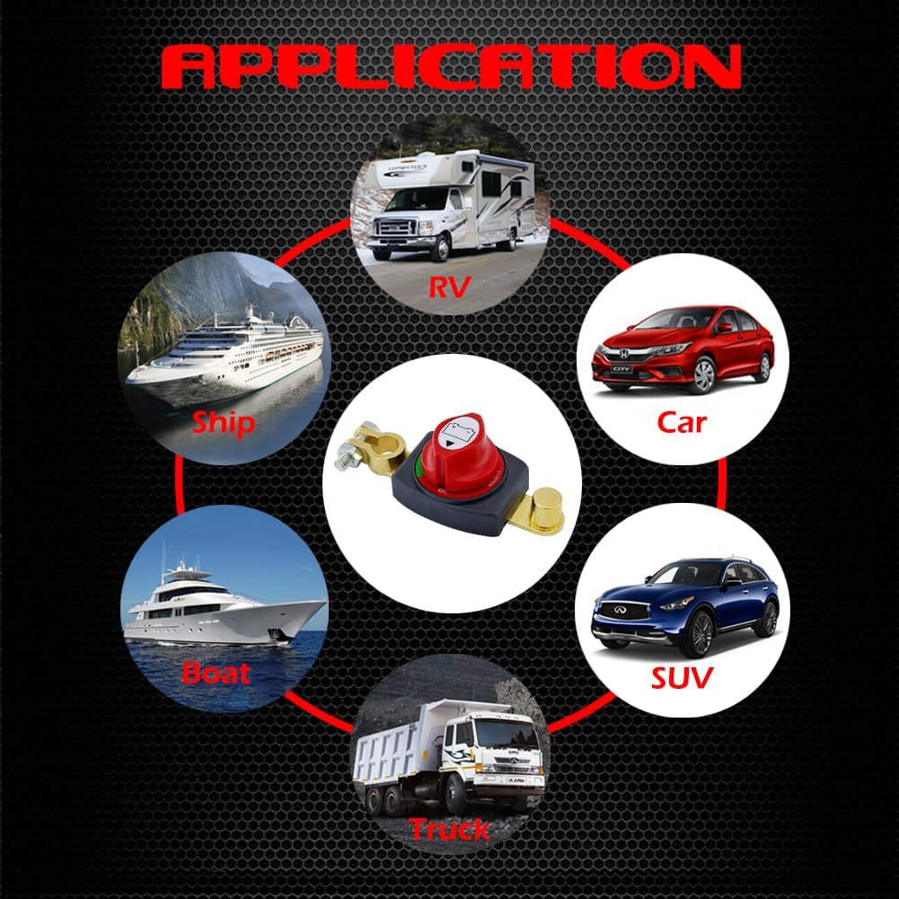 Ampper Top Post Battery Disconnect Switch, 12-48 V Battery Power Cut Master Switch Disconnect Isolator for Car, Vehicle, RV and Boat (Negative, On/Off)