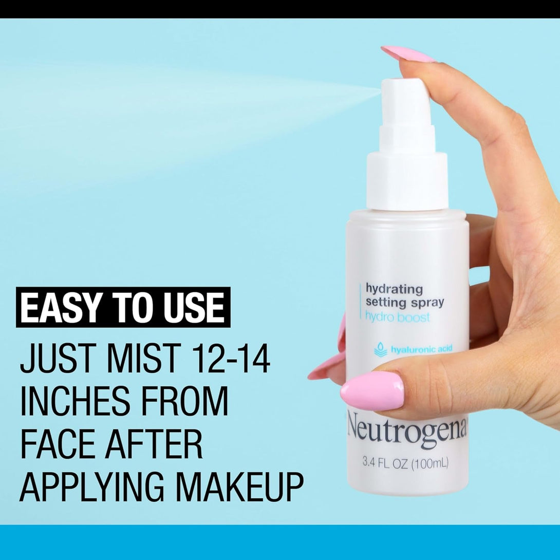 Neutrogena Hydro Boost Hydrating Makeup Setting Spray with Hyaluronic Acid, Longwear Makeup Setting Facial Mist for Smooth, Glowing, Dewy Skin, Non-Comedogenic & Hypoallergenic, 3.4 Fl. Oz