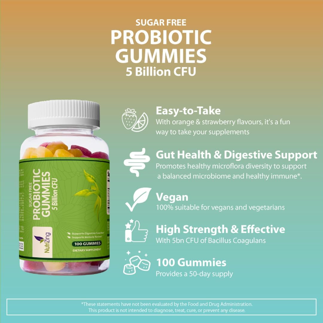 Nutrizing Sugar Free Probiotic Gummies for Women & Men - Fruit Flavored Chewable Probiotic Gummy - Probiotics for Digestive Health - Immune Support & Gut Health Supplement - 100 Count, 5 Bn CFU