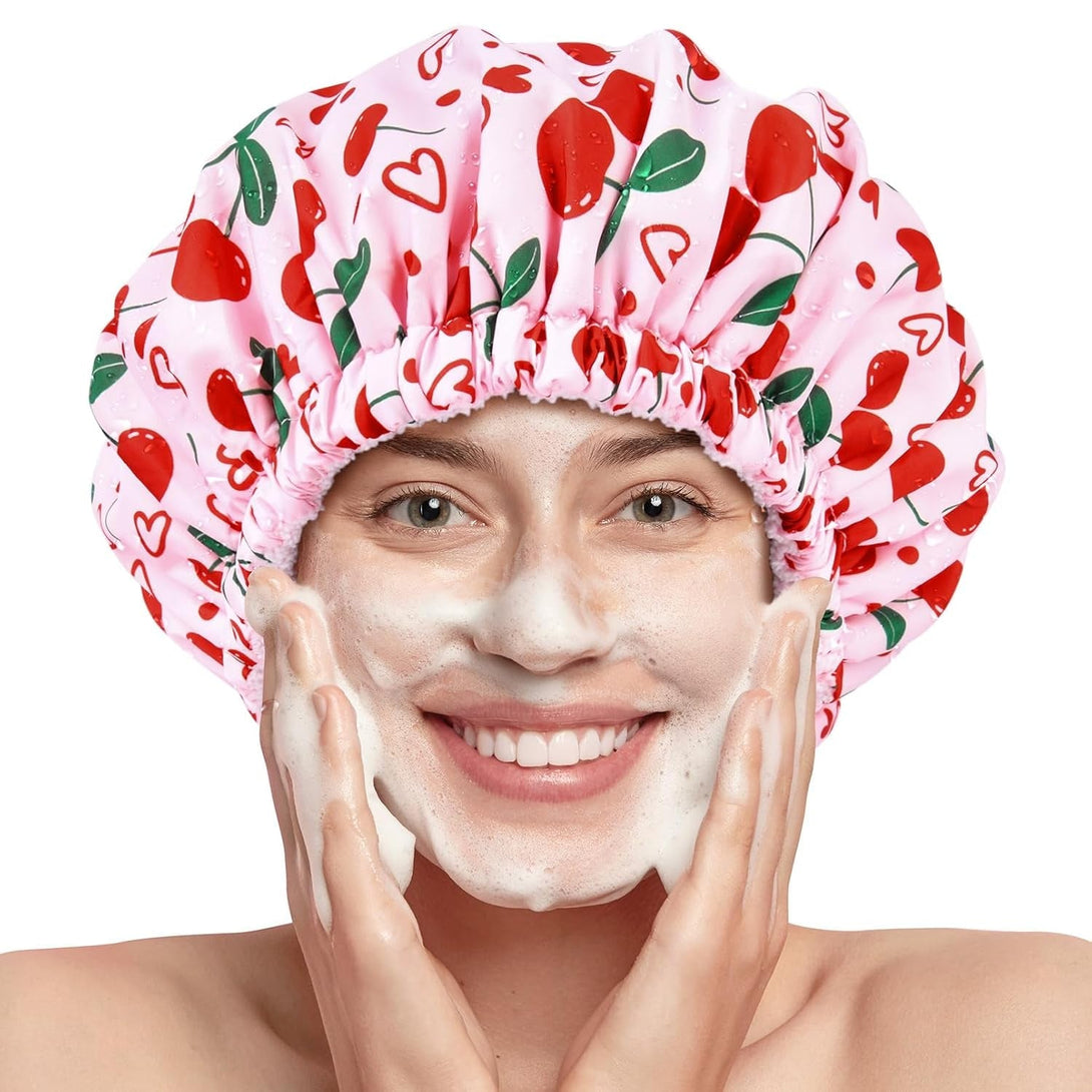 Shower Cap for Women Terry Lined Bath Cap Large Reusable Waterproof Elastic Band Pink Cherry Shower Caps for Long Thick Hair Soft Bath Shower Hair Caps