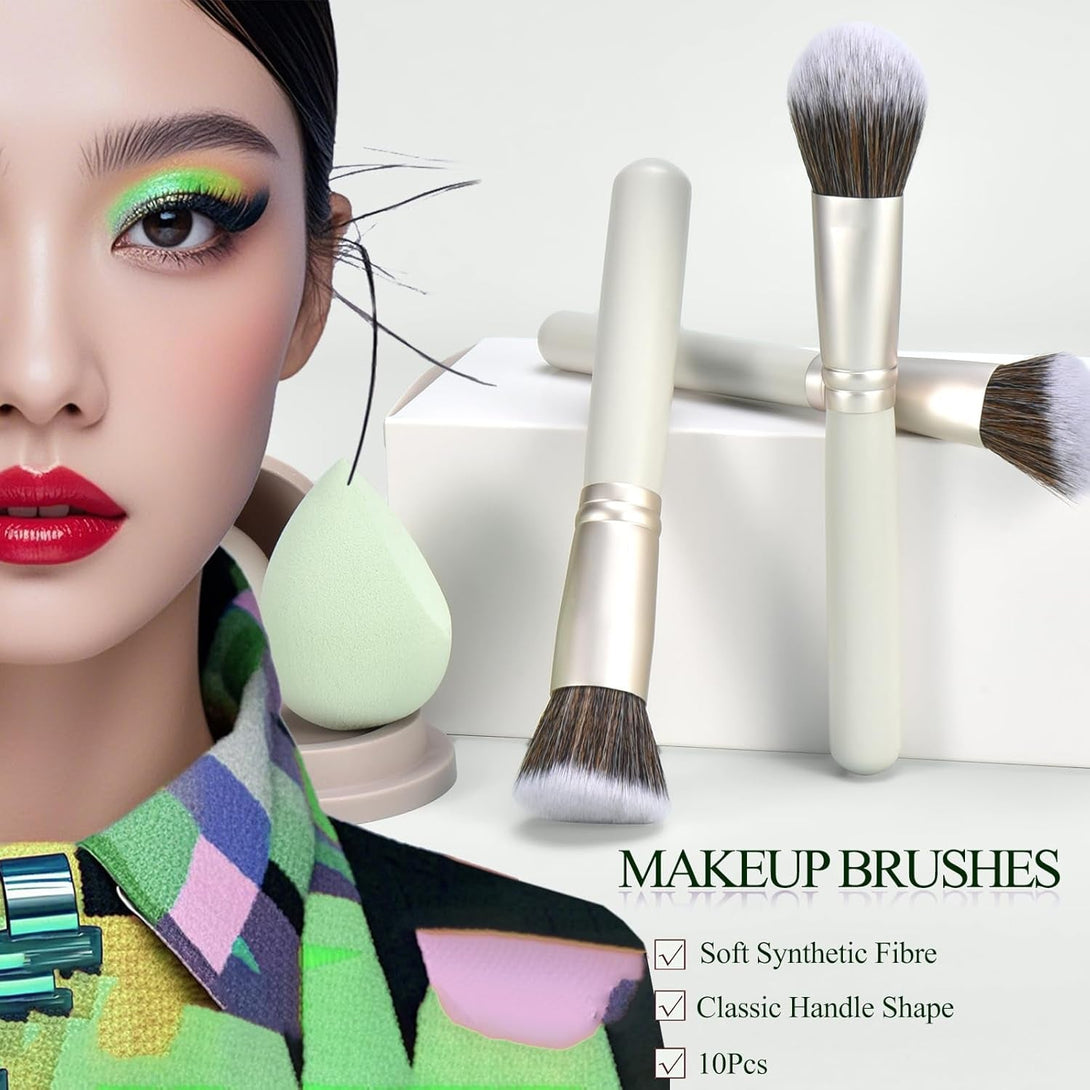 10Pcs Makeup Brush Set with Sponges and Drying/Storage Case，Best Gift for Women/Girls, Used for Powder, Foundation, Highlight, Eye Shadow, Concealer, Etc., Suitable for Beginners (Green 13Pcs)