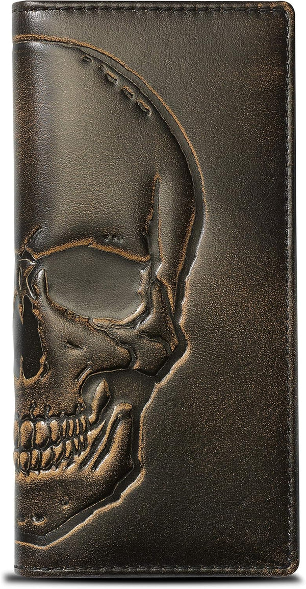 House of Jack Co. Skull Long Bifold Wallet for Men, Full Grain Cowhide Leather Biker Wallet, Black