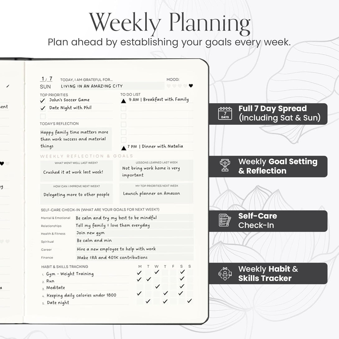 2025 Planner, Daily Journal & Gratitude Journal All-In-One with to Do List, Self Care Prompts & Habit Tracker - 5.8 X 8.3 - Black