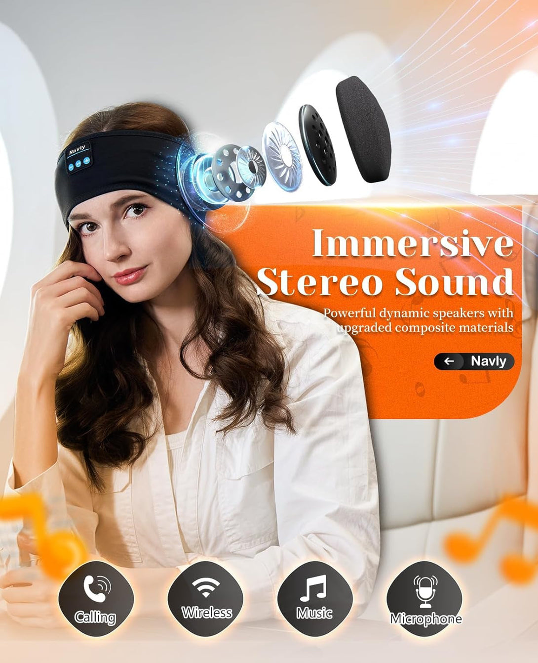 Navly Sleep Headphones, 10Hrs Sports Headband with Soft Cozy Earbuds Comfortable, Headphones Headband with Ultra-Thin HD Stereo Speakers Perfect for Workout,Running,Yoga,Travel