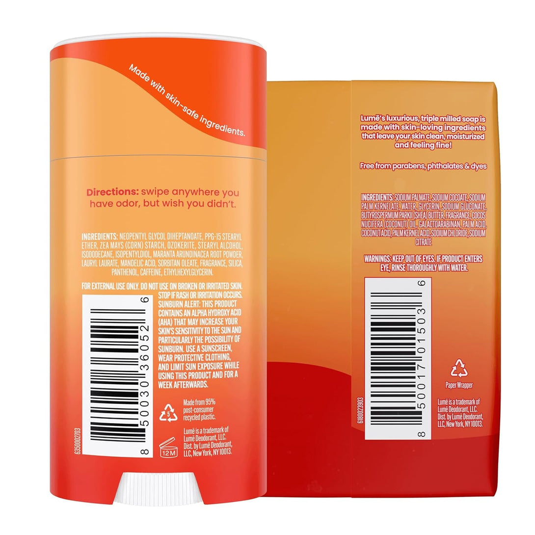 Lume Whole Body Deodorant and Soap - 2.6 Ounce Smooth Solid Stick with 72 Hour Odor Control and 5 Ounce Triple Milled Soap - Aluminum Free, Baking Soda Free and Skin Loving (Clean Tangerine)