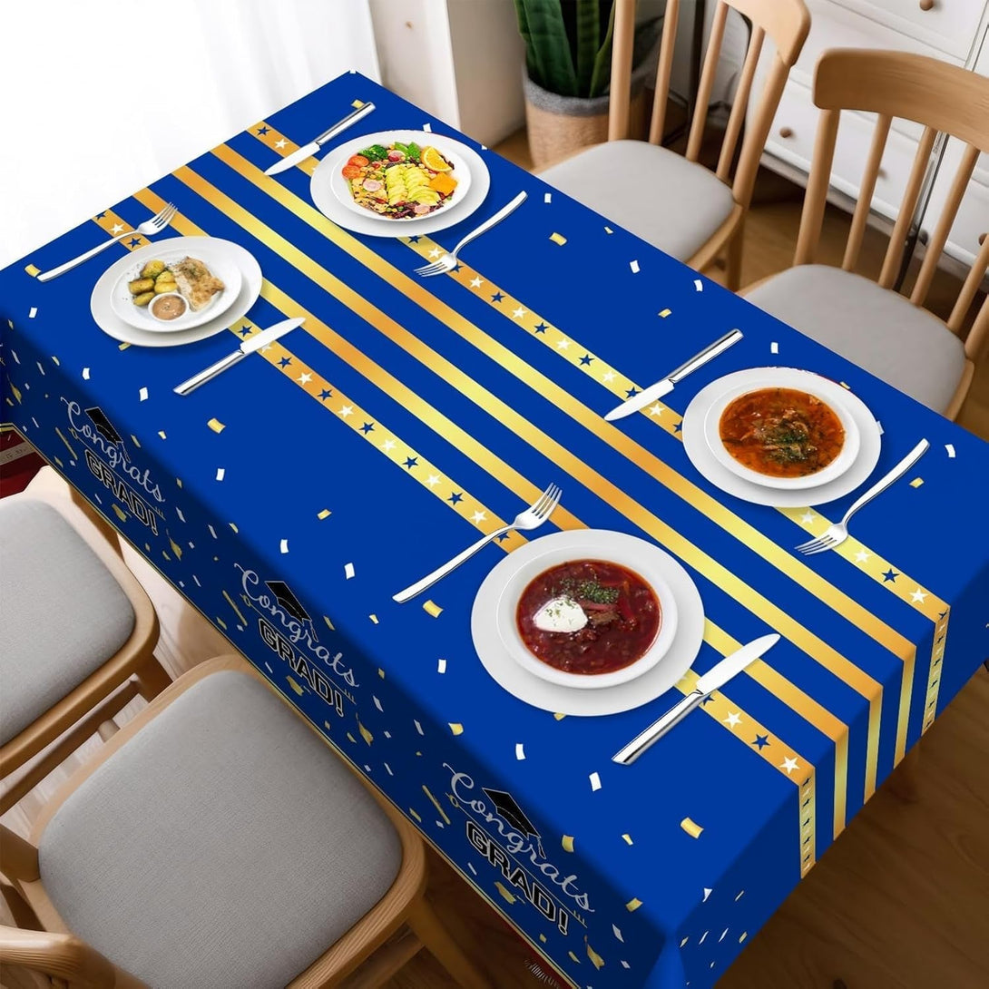 Childom 3 Pack Graduation Tablecloth,Graduation Party Decorations 2025 Blue and Gold,54"X108" Disposable Plastic Table Cloth,Waterproof Plastic Disposable Tablecloth for Home,School,Party Supplies