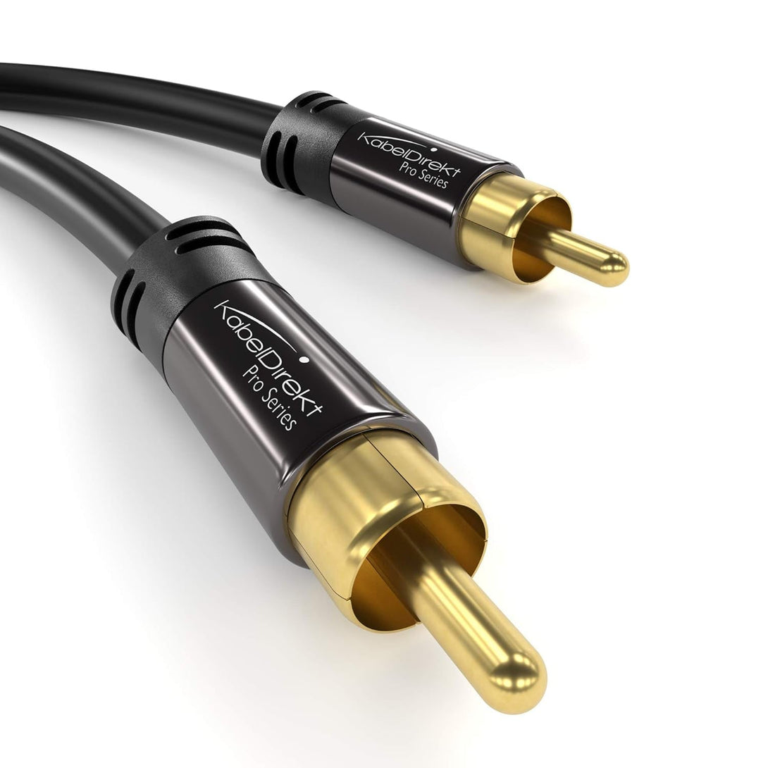 Kabeldirekt – 25Ft Long – Rca/Phono Subwoofer Lead Cable, 1 to 1 Rca/Phono, Audio/Digital/Video (Coax, Male/Male Plugs, for Amps/Hi-Fis, Audio Signals/Composite Video, 75 Ohm, Black)