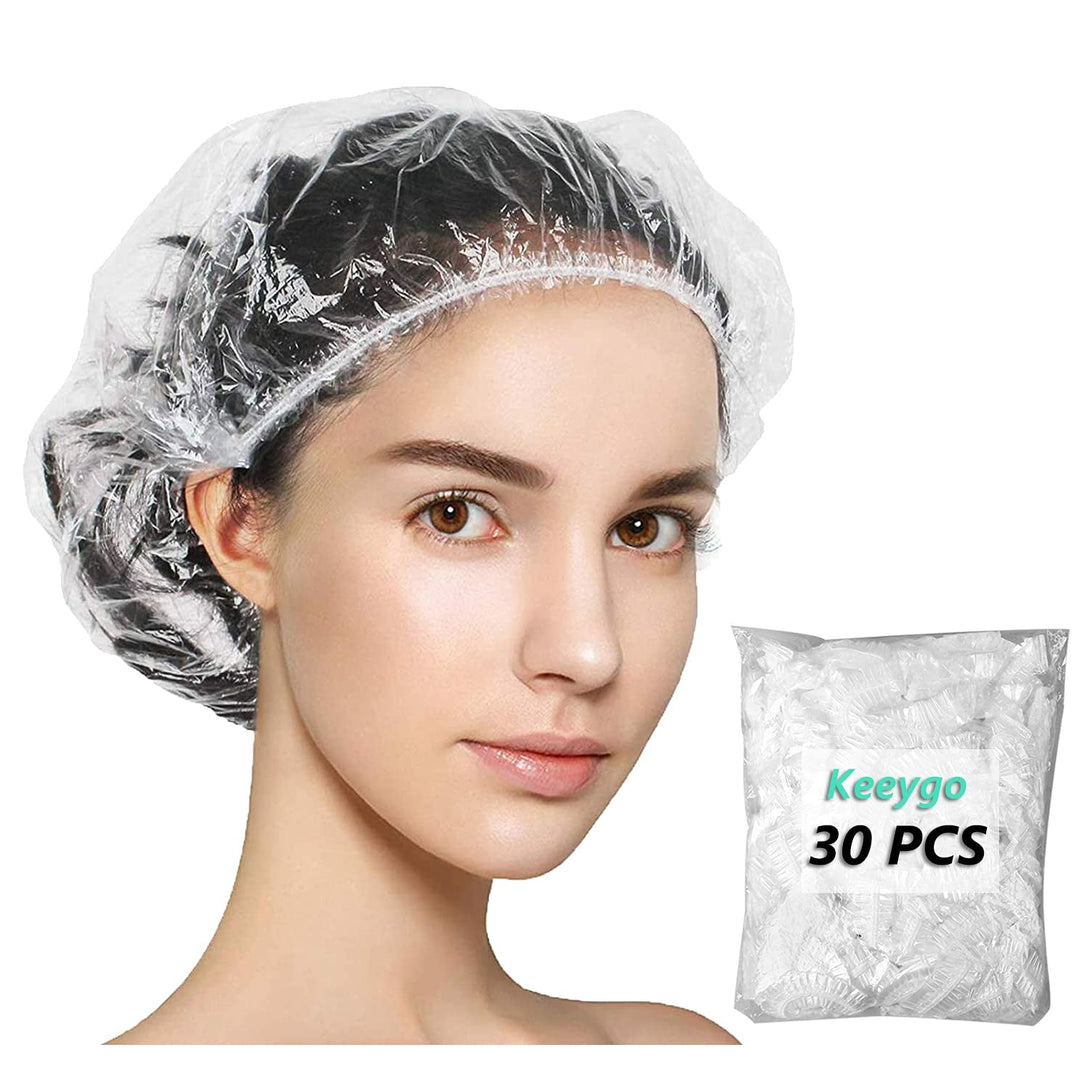 Keeygo Disposable Shower Caps 30 PCS Bath Caps Clear Waterproof Plastic Wraps for Women, Hotel Travel Essentials Accessories Hair Caps(17.3")