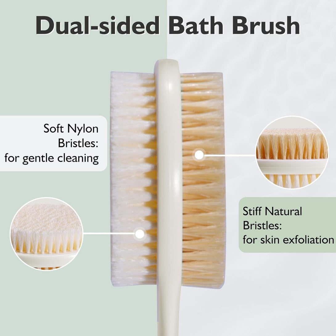 VANZAVANZU 17 Inch Back Scrubber for Shower, Anti-Slip Long Handle Shower Brush with Soft and Stiff Bristles, Exfoliating Bath Brush for Wet or Dry Brushing (Cream White)