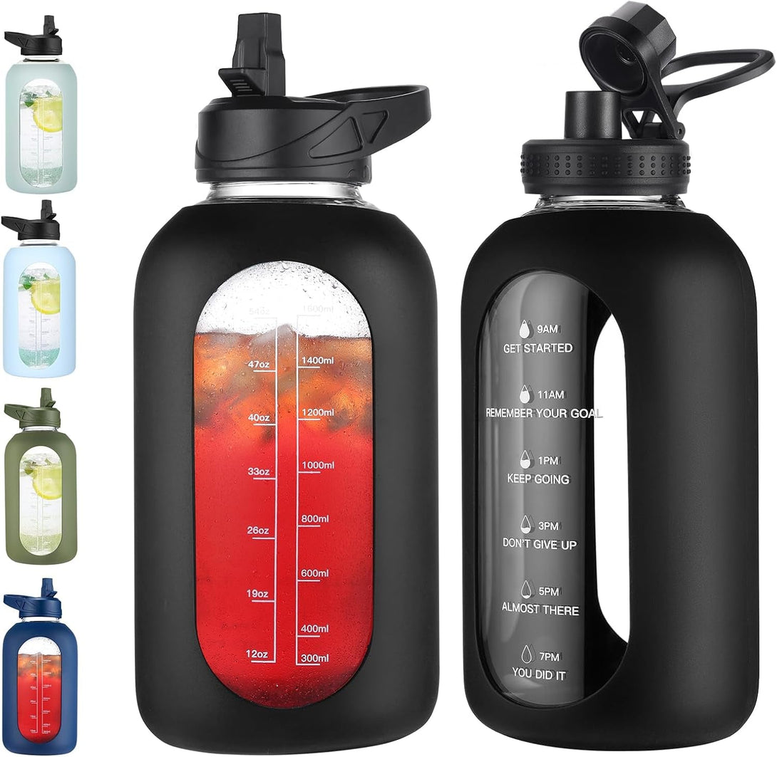 64 Oz Glass Water Bottle with Straw and Handle, Half Gallon Sports Motivational Water Jug Flask with Silicone Sleeve, Large Water Cup with Time Marker for Travel, Gym, Black