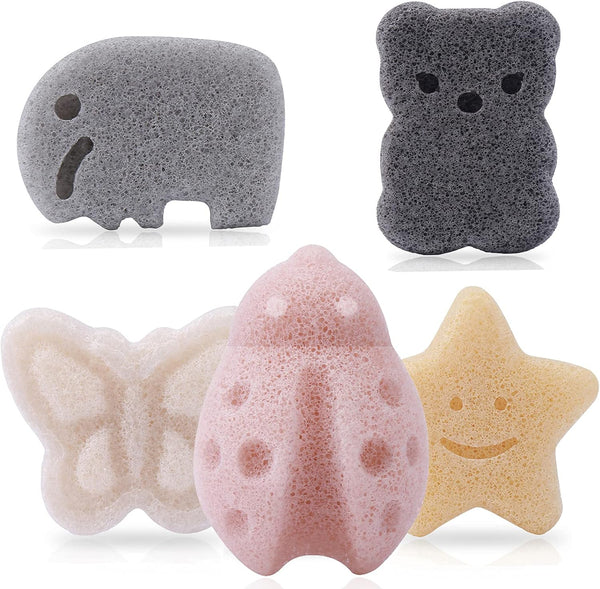 Konjac Baby Sponge for Bathing, Kids Bath Sponges for Infants, Toddler Bath Time, Cute Shapes and Safe Plant-Based Konjac Baby Bath Accessories, 5Pcs