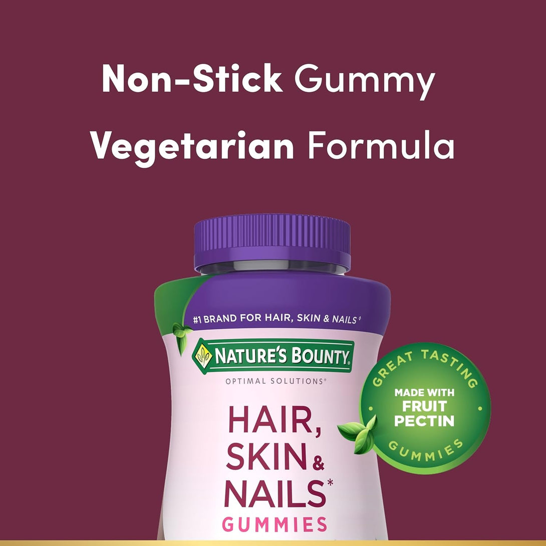 Nature’S Bounty Optimal Solutions Advanced Hair, Skin and Nails Pectin Gummies, 2X Biotin per Serving, No Stick Gummy, Vegetarian Formula, Strawberry Flavor, 200 Ct, 100 Total Servings