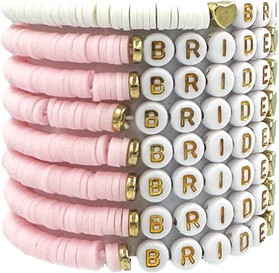 Bachelorette Party Favors, Wedding Gifts, 8 Pcs 6.7 Inch Pink Bride Tribe Clay Bead Bracelet Preppy Bracelet Stretch for Women Bridal Shower Decorations Boho Disc Party Beach Supplies (1White + 7Pink)