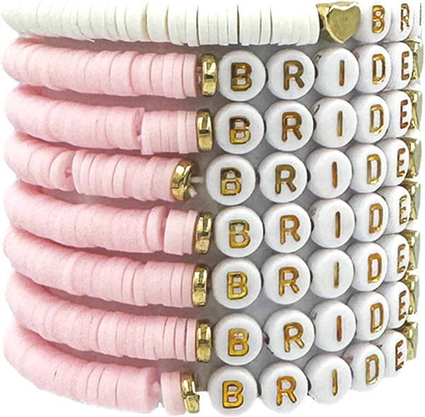 Bachelorette Party Favors, Wedding Gifts, 8 Pcs 6.7 Inch Pink Bride Tribe Clay Bead Bracelet Preppy Bracelet Stretch for Women Bridal Shower Decorations Boho Disc Party Beach Supplies (1White + 7Pink)