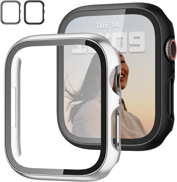 2 Pack Case with Tempered Glass Screen Protector for Apple Watch Series 3/2/1 38Mm,Jzk Slim Guard Bumper Full Coverage Hard PC Protective Cover HD Ultra-Thin Cover for Iwatch 38Mm,Black+Slver