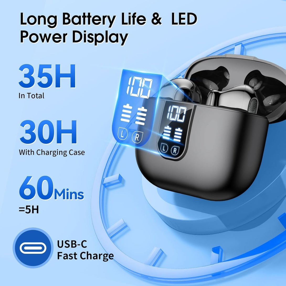 Wireless Earbuds Bluetooth 5.4 in Ear Buds 6 Mic ENC Noise Cancelling Clear Calls, Deep Bass Hifi Stereo Sound Earphones 35H Playtime LED Power Display IPX7 Waterproof Headphones for Android Ios Black