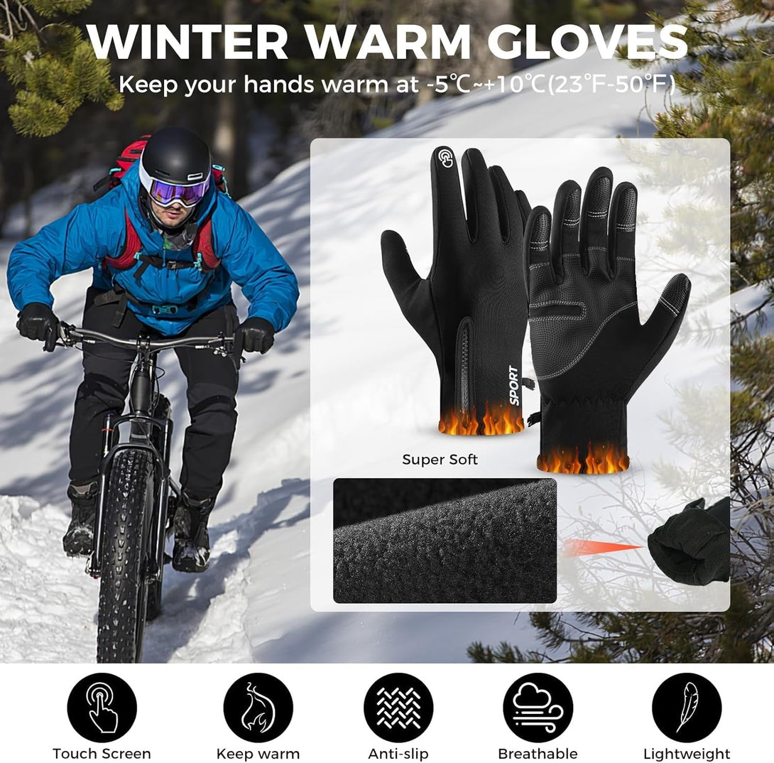 AURUZA Winter Gloves Men Women, Zipper Cycling Gloves Touch Screen, Windproof Warm Gloves Cold Weather, Anti-Slip Gloves