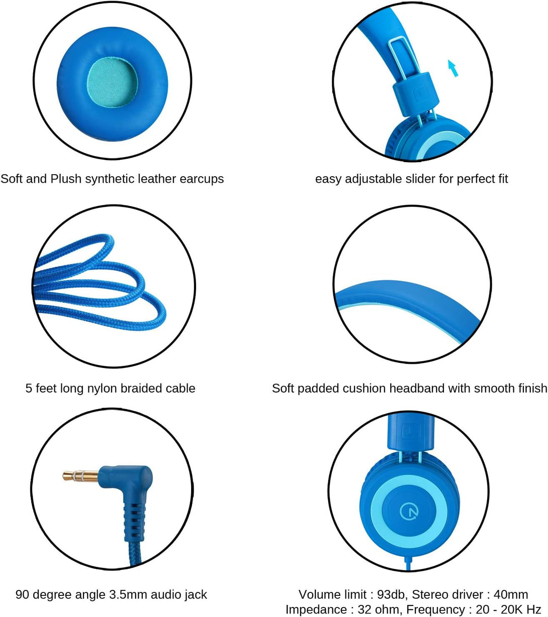 Noot Products Kids Headphones K11 Foldable Stereo Tangle-Free 5Ft Long Cord 3.5Mm Jack Plug in Wired On-Ear Headset for Ipad/Amazon Kindle,Fire/Boy/Girl/School/Laptop/Tablet(Skyline Blue)