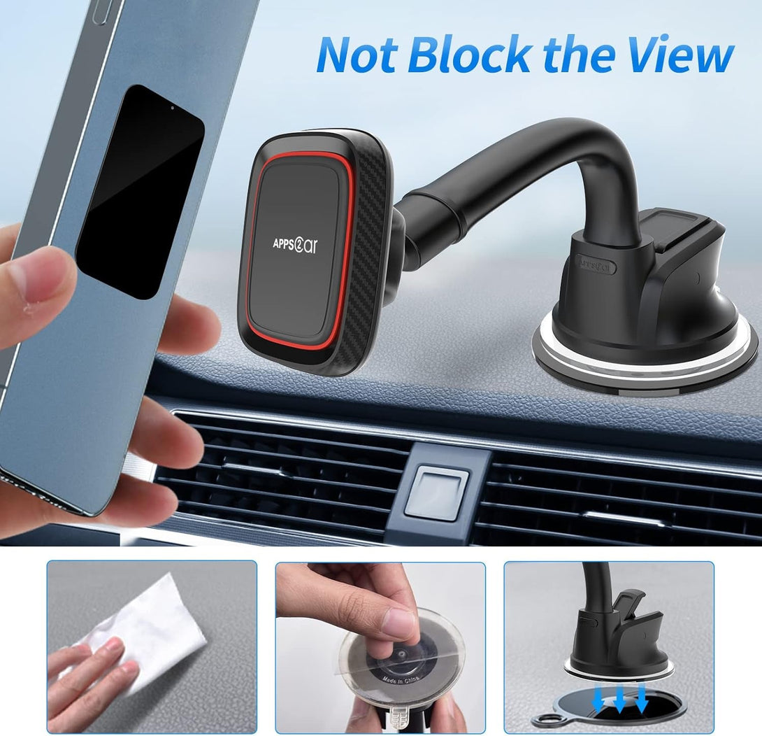 Apps2Car Magnetic Car Phone Holder Mount [6 Strong Magnets], Cell Phone Holder Car [Suction Cup], Phone Car Holder Mount [Windshield Dashboard] Fit for Most Smartphones & Mini Tablets