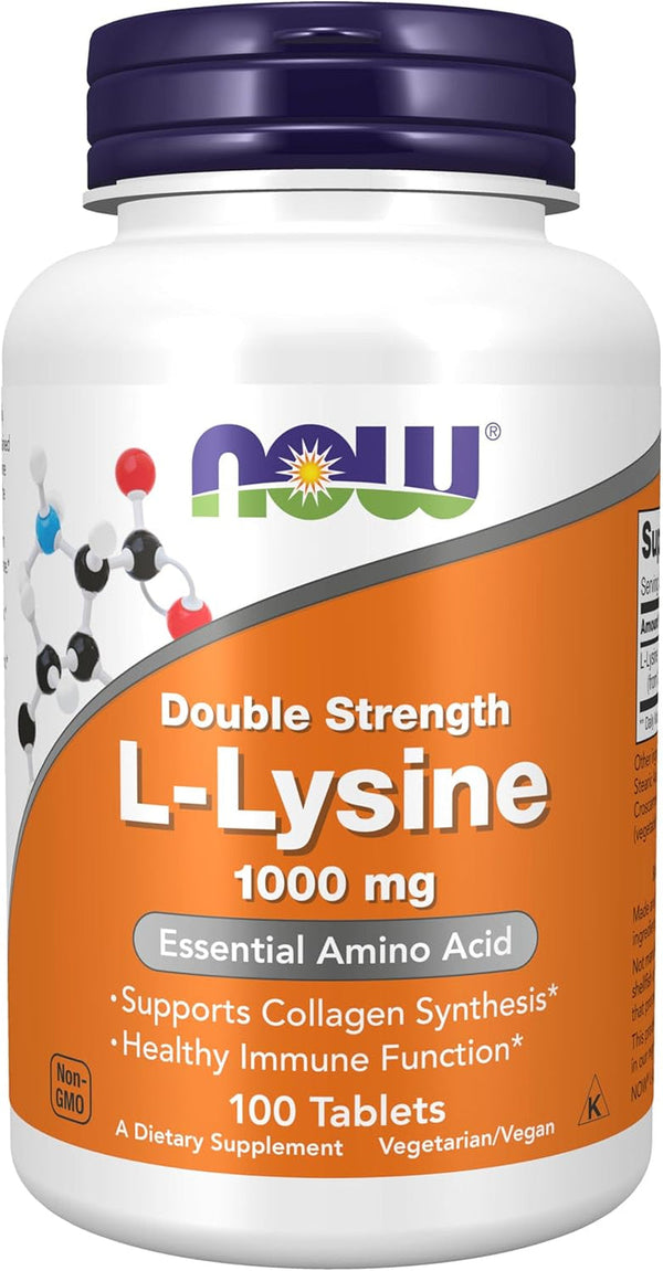 NOW Foods Supplements, (L-Lysine Hydrochloride) 1,000 Mg, Double Strength, Amino Acid, 100 Tablets