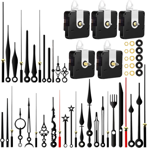 5Pcs High Torque Quartz Clock Movement Mechanism Replacement Clock Kit with 12 Different Pairs of Hands Clock for DIY Handicrafts Repair Clock Parts Shaft Lengths 13Mm 18Mm