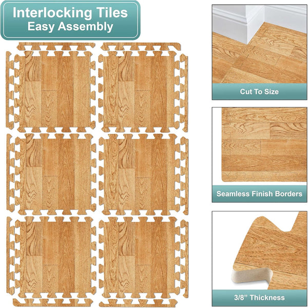 Sorbus Wood Grain Floor Mats Foam Interlocking Mats Each Tile 1 Square Foot 3/8-Inch Thick Flooring Wood Mat Tiles - Home Office Playroom Basement
