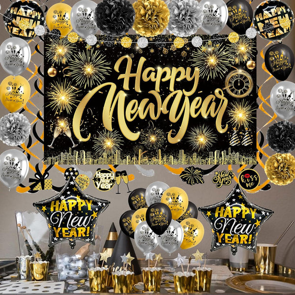 Happy New Year Party Backdrop Fabric Sign Poster Banner with Pattern Firework for New Year Party Decoration Photo Props Background Supplies