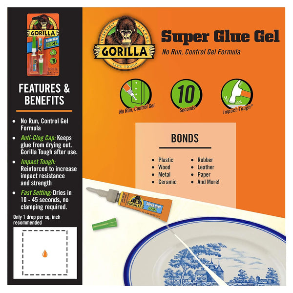 Gorilla Super Glue Gel, Clear Glue, Four 3 Gram Tubes (Pack of 1) - All Purpose and Fast Setting for Projects and Repairs