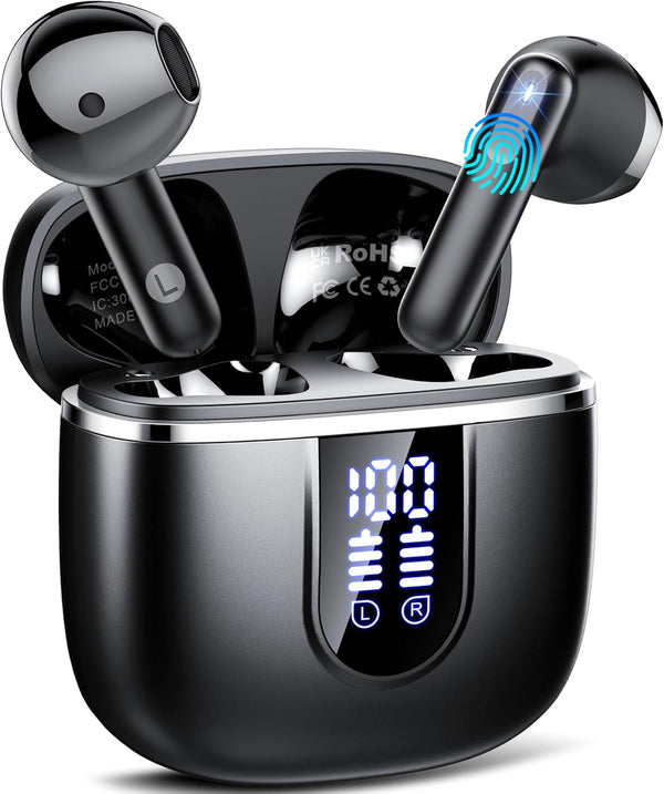 Wireless Earbuds, 2025 Bluetooth 5.4 Headphones in Ear Buds 3D Bass Stereo, 40H Ultralight Bluetooth Earbuds with 4 ENC Noise Cancelling Mic, USB-C LED, IP7 Waterproof Earphones for Android Ios Pad