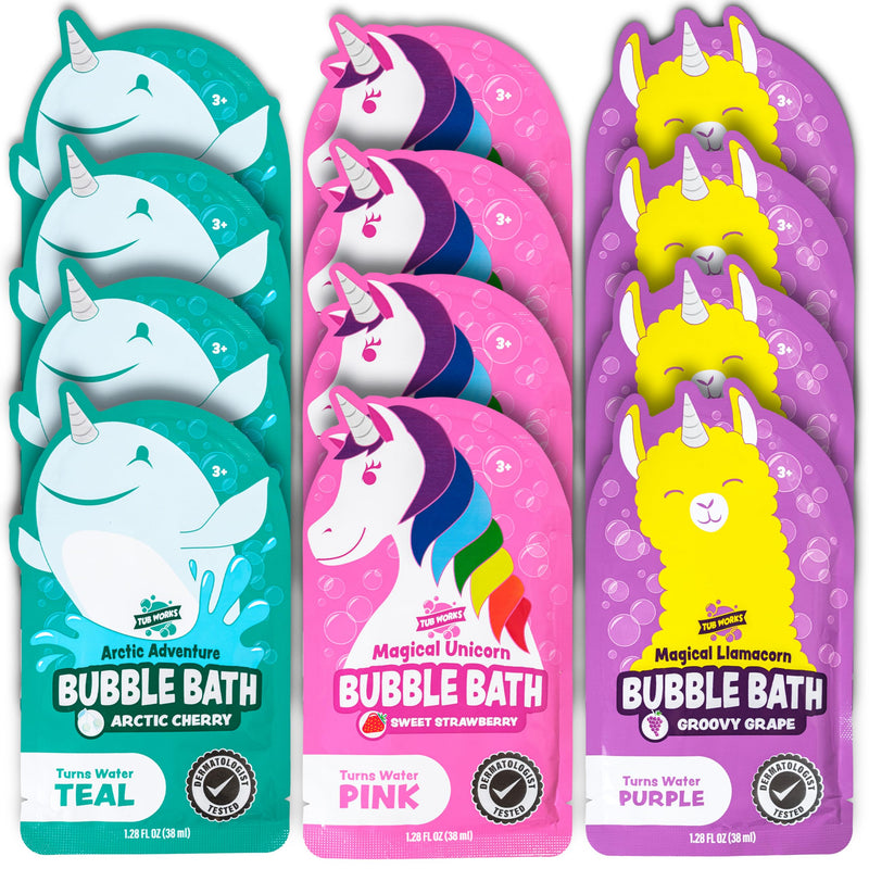 Tub Works® Magical Kids Bubble Bath, Variety 12 Pack | Creates Colorful Water & Tons of Foam Bath Bubbles | Nontoxic | Character-Themed Bubble