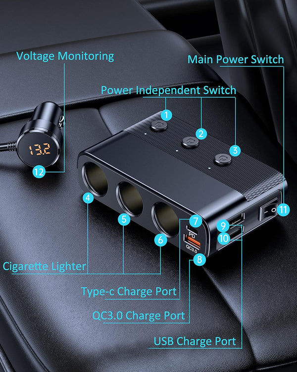 7 in 1 Cigarette Lighter Splitter, LIHAN 3 Socket Car Charger Adapter, Type-C QC3.0 PD 30W Charging, Dual USB Charging Ports, Independent