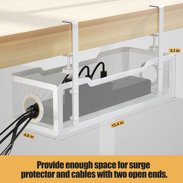 Under Desk Cable Management Tray White, Cinati Wire Organizers No Drill, Cable Tray with Clamp for Wire Management, Cord Organization Box for