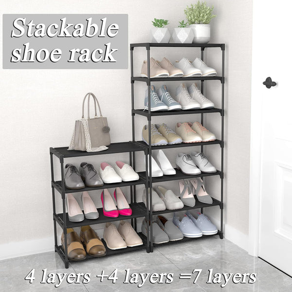 4-Tier Small Shoe Rack .Stackable Shoe Shelf Storage Organizer for Entryway Hallway Closet Bathroom Living Room (Black)