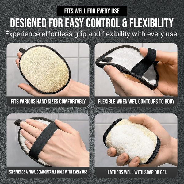 Rugged Natural Shower Loofah for Men - Tough Eco-Friendly Exfoliating Body Scrubbers, Durable & Gentle Terry Towel Cloth Pad for Manly Skin Care -
