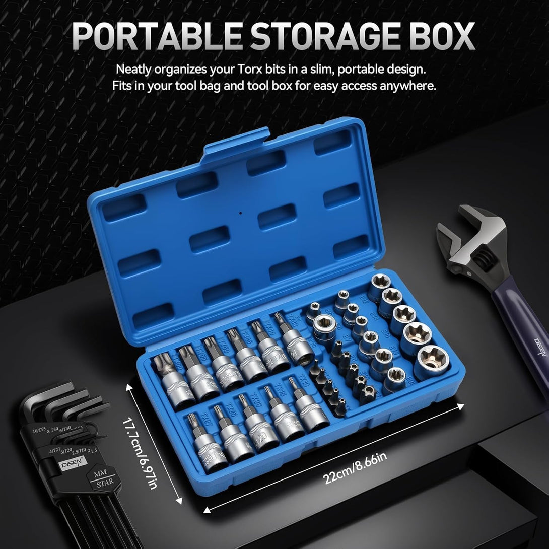 34-Piece 3/8'' Drive Torx Star Bit Sockets CR-V E-Socket Set, E4-20, T10-60, Tamper Proof Set TT10-TT55, 5/16"F to 3/8"M Adapter with Storage Case,S2 Steel, Ideal for Car,Trucks,Home Improvement